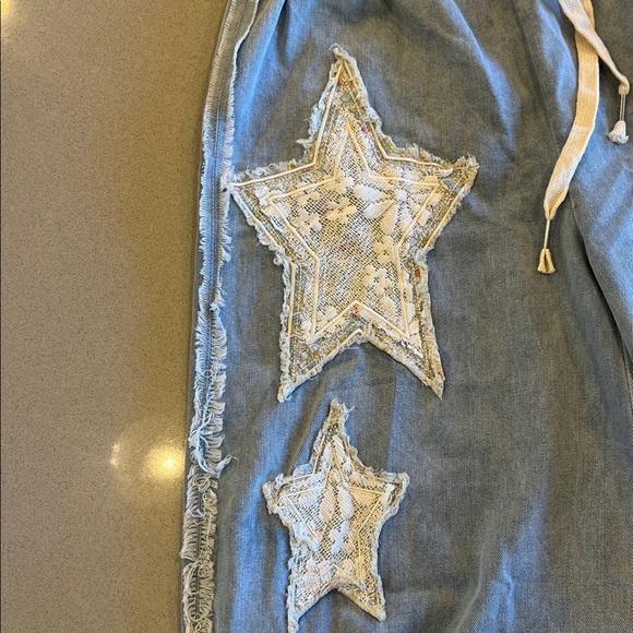 POL Light Blue Flare Jeans Star Patches Fabric Pockets Elastic Drawstring Waist - Picture 14 of 15